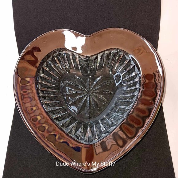 MIKASA PLATINUM DESIRE - Vintage Cut Crystal Heart Dish w/Silver Plated Trim - Picture 2 of 4
